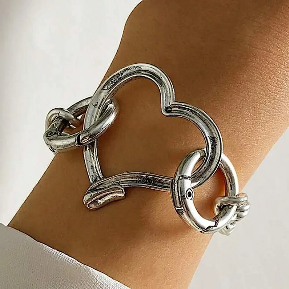 Stainless Steel Heart Bracelet Chain Link Boho Hammered Statement Piece
